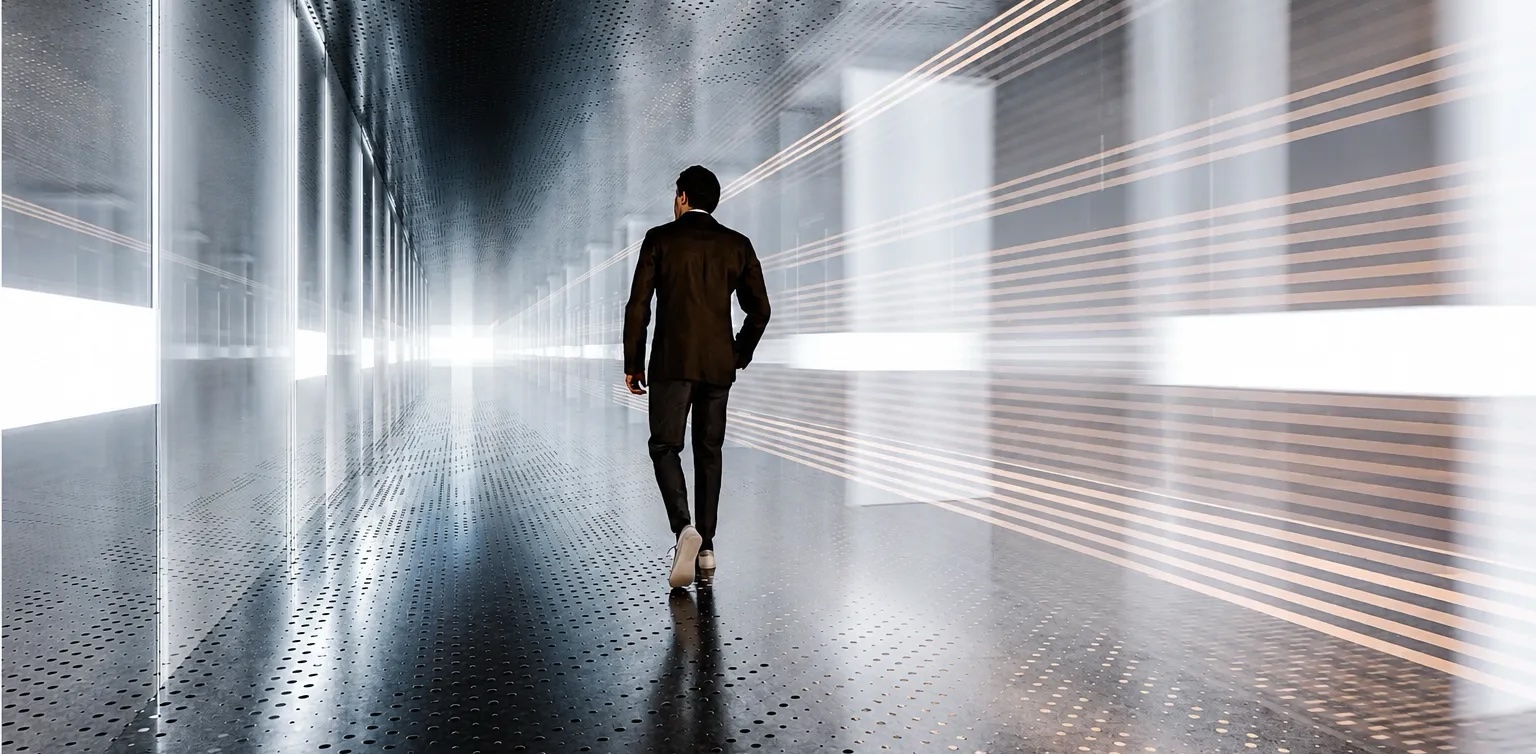 Homem de costas a andar num labirinto de luzes